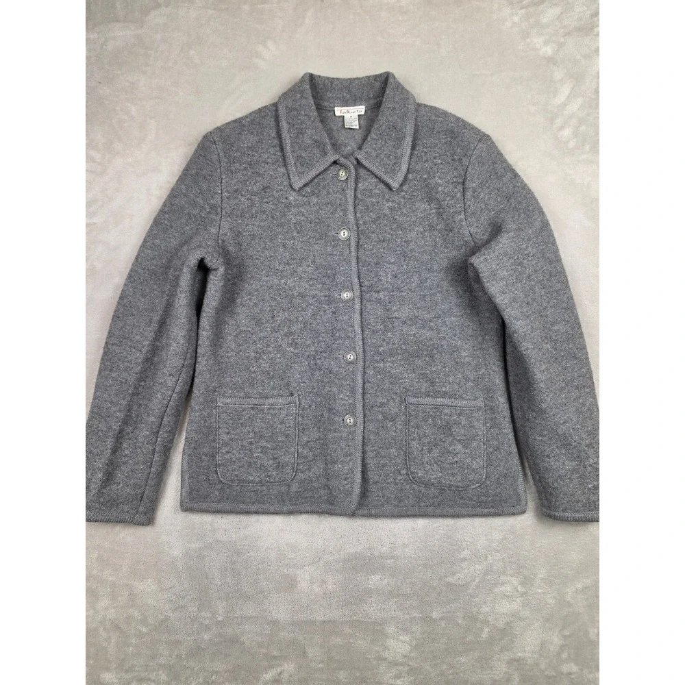 Talbots Cardigan Sweater Women M Gray 100% Wool Button Front Pocket Jacket Read